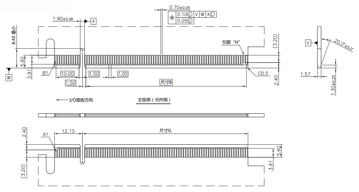 CONSHARE PCIe 4.0 x8 98-pin side notch connector card edge mating interface showing 1.57mm card slot compatibility and chamfered entry