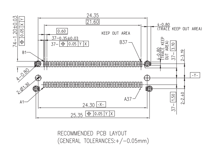 Recommended PCB layout for MCIO 74P vertical connector with keep-out areas and trace routing