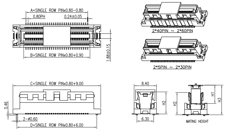 CONSHARE 0.80mm pitch floating BTB female receptacle vertical SMT outline drawing with key dimensions including 0.80PH, 1.88mm housing width, and mating height references for 40-60 pin and 5-30 pin configurations