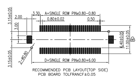 CONSHARE recommended PCB layout top side for 0.80mm floating BTB receptacle vertical SMT, showing 11.00mm overall dimension, 0.80mm pitch, 6.40mm width, and 3.15mm pad geometry with board tolerance of &plusmn;0.05mm
