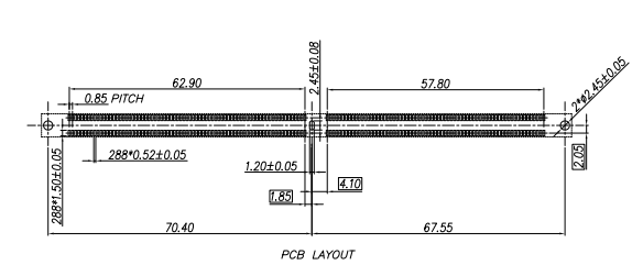 CONSHARE DDR5 288-pin UDIMM connector top-view PCB layout showing 0.85mm contact pitch and 288-pin field dimensions for motherboard routing