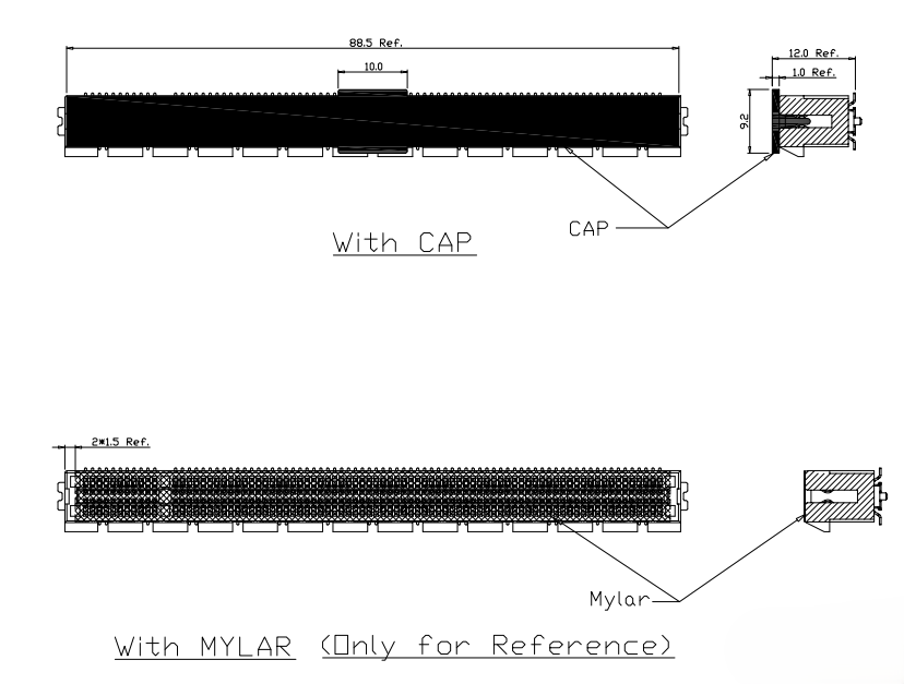 BR16402 PCIe Gen 4.0 164-pin SMT connector shown with protective CAP and MYLAR cover packaging options