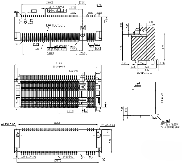 Technical outline dimensions of CONSHARE CUF002G67M142 M.2 8.5H Gen4 M-Key connector showing pin 58/68 allocation, 8.5mm profile height, and SMD solder pad layout for system integration