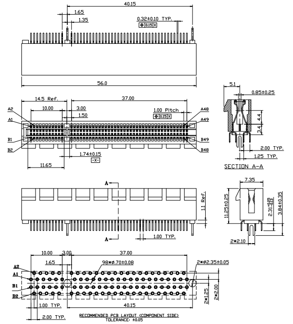 CONSHARE 98-pin PCIe slot connector mechanical drawing with PCB layout and Section A-A cross-section, showing 1.00mm pitch, 98-pin array, and 2.31mm harpoon tail detail.