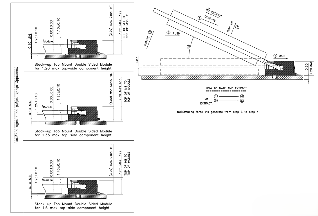 M.2 3.2H 20PIN connector assembly stack height schematic — 1.20/1.35/1.5mm top-side component options, 25&deg; lead-in rotation, and mate/extract sequence