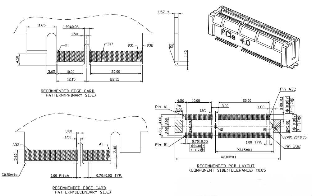 Recommended PCB layout and edge card finger pattern (primary and secondary side) for CONSHARE BR0641 PCIe 4.0 64P SMT edge card connector with 1.00mm pad pitch