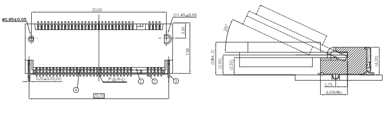 Top view and 25-degree insertion detail of CONSHARE M.2 H4.2 Gen5.0 M-KEY connector, part number CUF010G67M108