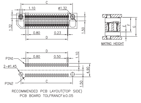 Recommended PCB layout top side for CONSHARE 0.80mm pitch vertical SMT BTB male header – includes pad dimensions and mating height reference