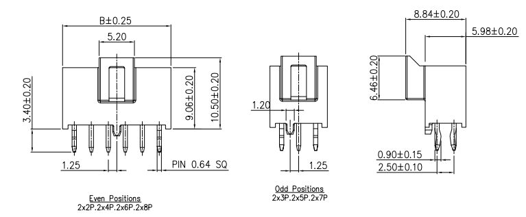 CONSHARE 2.50mm crimp connector even & odd position variant side view dimension drawing for different pin counts