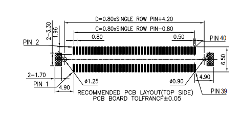 Recommended PCB layout top side for CONSHARE 0.8mm pitch vertical SMT board-to-board receptacle
