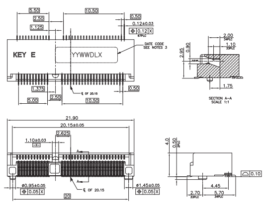 CONSHARE A119106741RHF M.2 Key E connector dimensional drawing, 4.0mm height, 67Pin SMD specifications