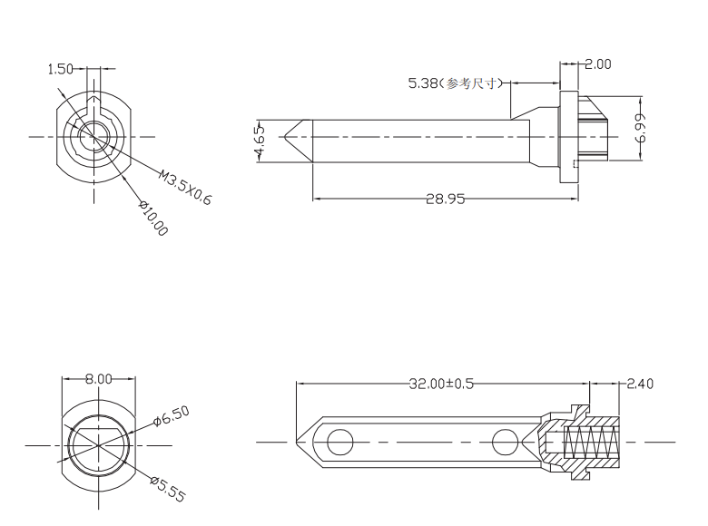 BF0000WDH0634 high-speed backplane guide pin main body engineering drawing with key dimensions (length, diameter, taper, anti-rotation groove)