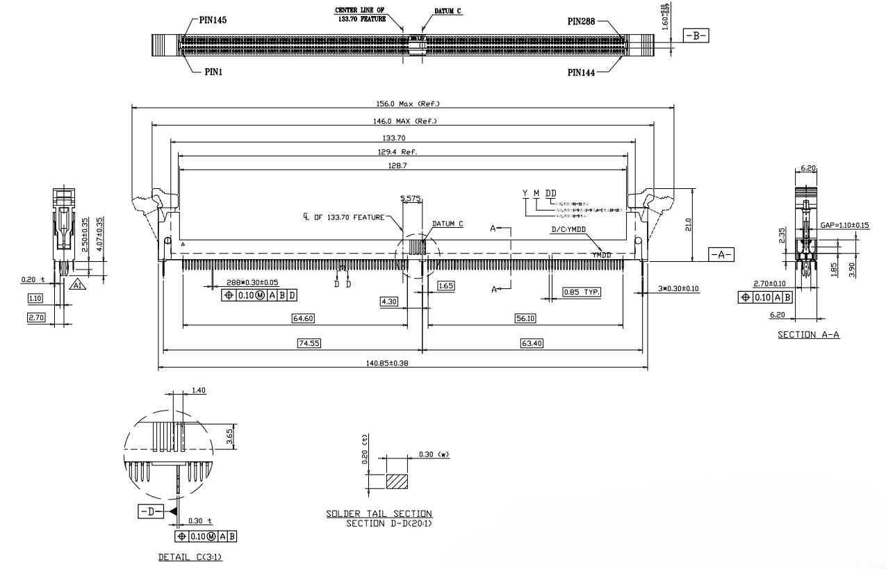 Main assembly drawing of CONSHARE DDR4 288-pin gold-finger DIP slot with pin arrangement and overall dimensions.
