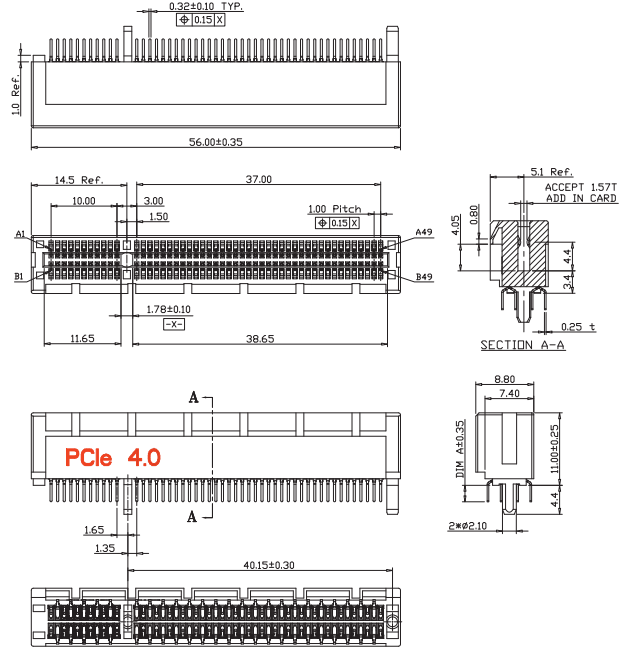 CONSHARE PCIe Gen4.0 98-pin slot connector with shrouded guide posts, showing side profile, cross-section, and 1.00 mm pitch dimensions.