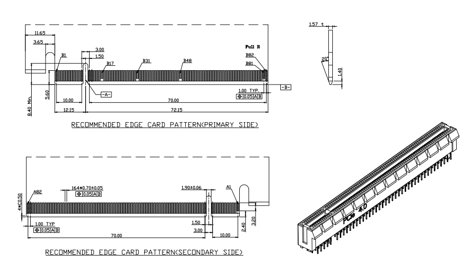 Recommended gold-finger edge card pattern (primary and secondary sides) for the PCIe Gen4.0 164-pin add-in card mating with this DIP slot — 1.00 mm pitch, 164 &times; 0.70 mm pads
