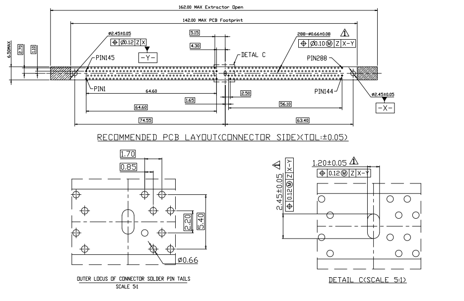 Recommended PCB footprint and mounting hole layout for CONSHARE DDR4 288-pin DIMM connector