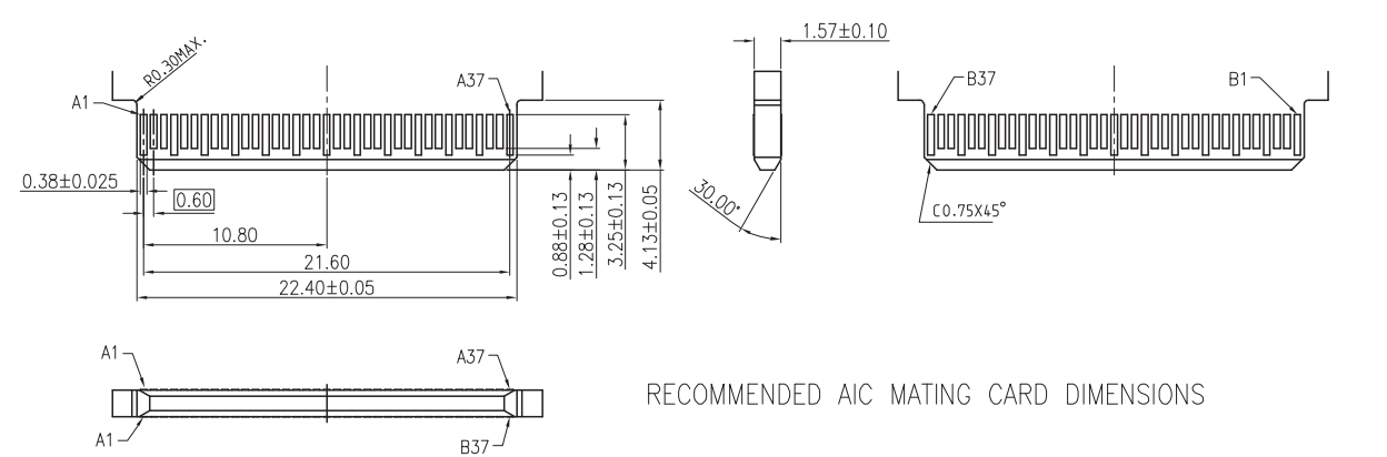Recommended AIC mating card dimensions for MCIO 74P connector PCIe Gen5