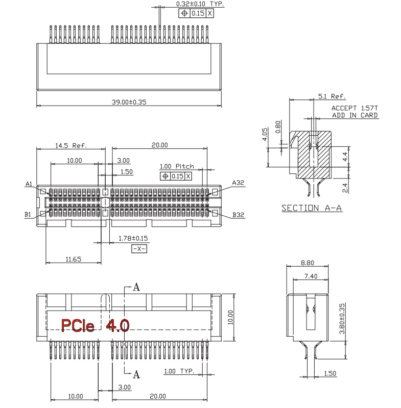 CONSHARE PCIe 4.0 64-pin eaves-type open clip-in socket mechanical drawing showing overall dimensions and straddle mount cross-section
