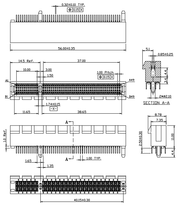 CONSHARE PCIe 98P guide post type slot connector mechanical drawing showing 56.00 mm overall length, 1.00 mm contact pitch, and 2.50 mm DIP solder tail pitch