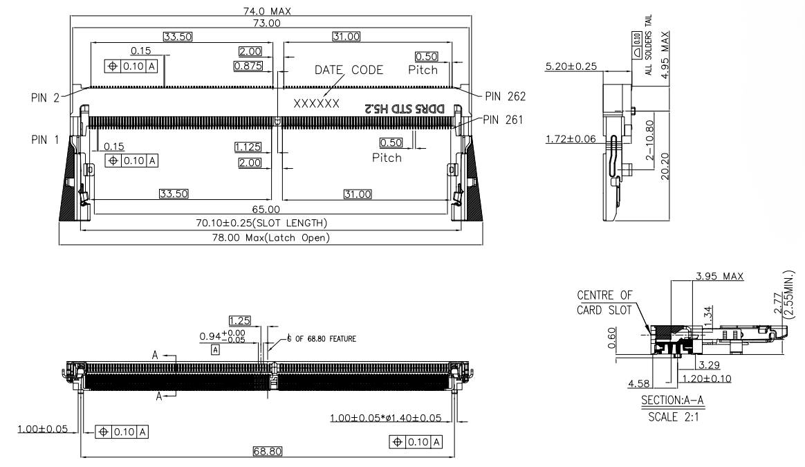 CONSHARE CUR004S5401XX SODDR5 262-pin 5.2H STD connector front view with metal latches and 5.2 mm stack height
