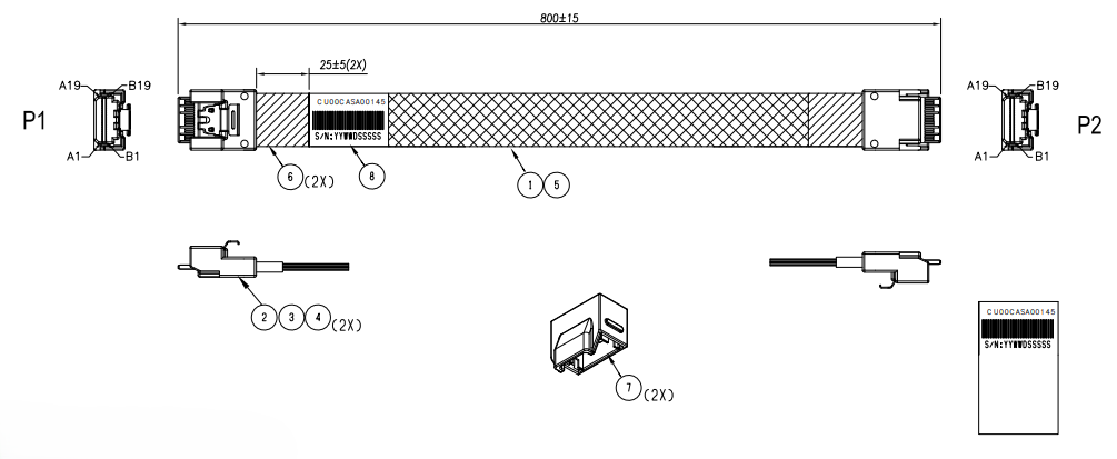 CONSHARE SlimSAS 4X STR Cable 800mm CU00CASA00145 official dimension engineering drawing