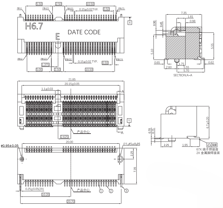 CUF018G67M1XX M.2 H6.7 GEN4 E-Key connector mechanical drawing showing top view, bottom view, side profile, and cross-section dimensions.
