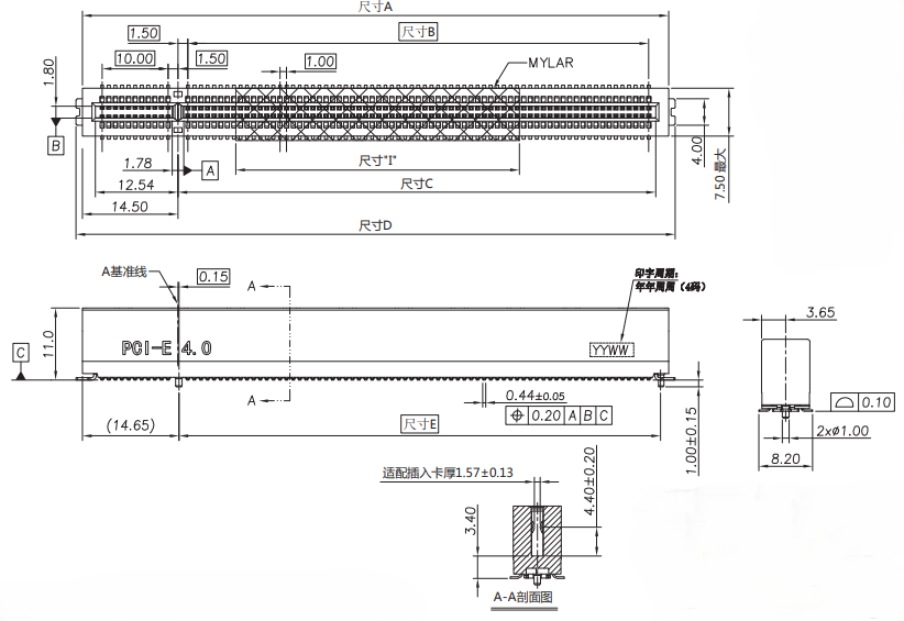 Cross-section view and card thickness specification for PCIe 4.0 SMT connector