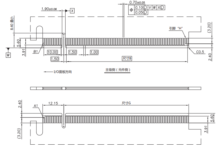 CONSHARE PCIe 4.0 SMT connector component side profile drawing showing lead pitch, connector body height, primary side assembly details, and coplanarity datum.