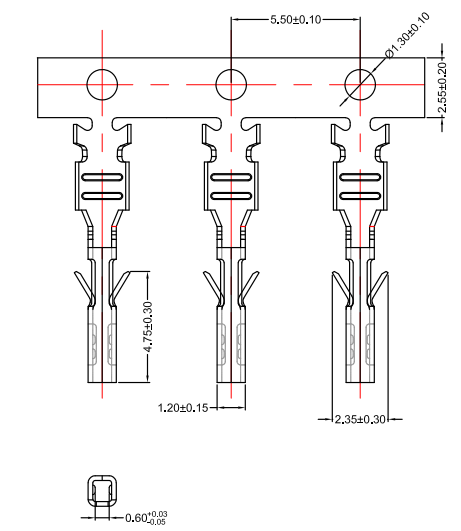 CONSHARE 3.00mm pitch terminal continuous strip overall dimensional drawing with pitch and terminal outline measurements