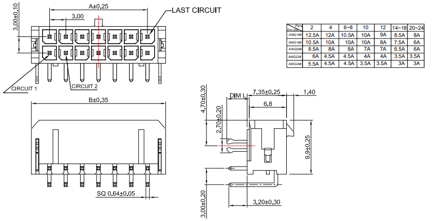 CONSHARE MX 3.0mm pitch 90 degree dual row DIP header mechanical drawing with current rating chart