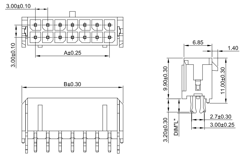 CONSHARE MX 3.0mm dual row straight header 180 degree DIP connector technical dimensions drawing