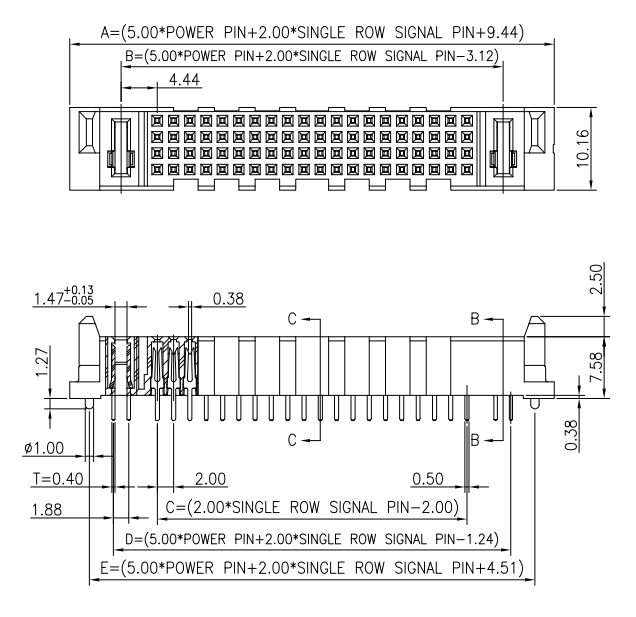 5.0mm pitch female header DIP vertical overall dimensions with power and signal pin spacing measurements