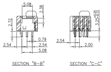 cross section view of 5.0mm pitch female header showing terminal contact structure and plating layers
