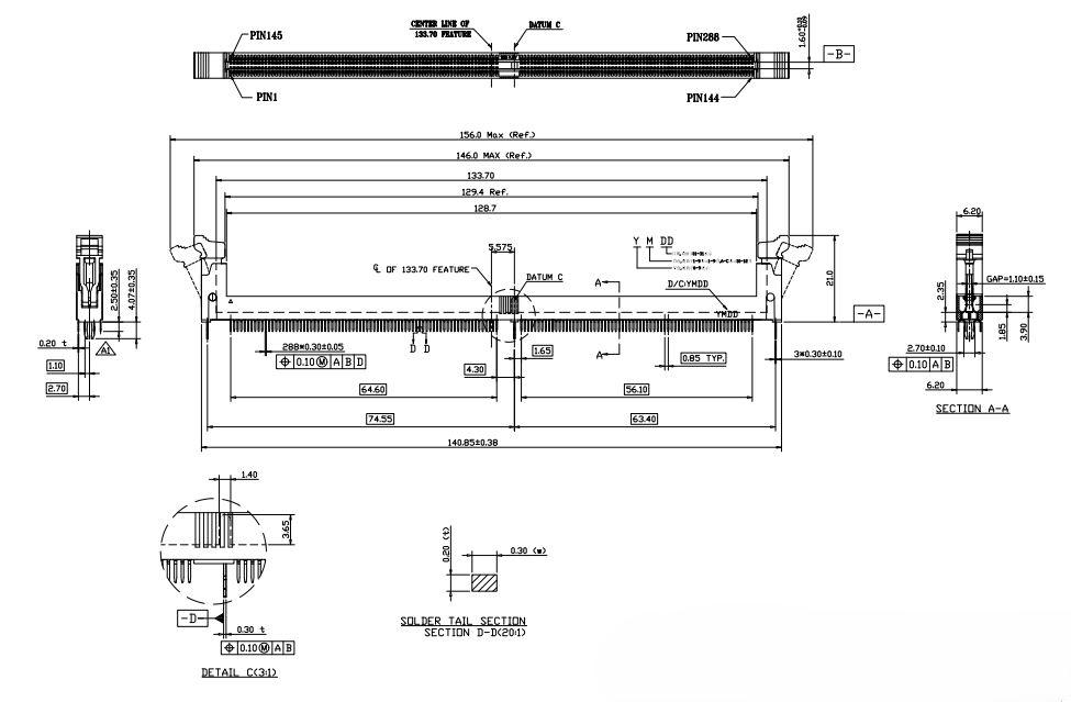 Top view of CONSHARE DDR4 288P DIP DIMM connector showing 288-pin arrangement and solder tail cross-section