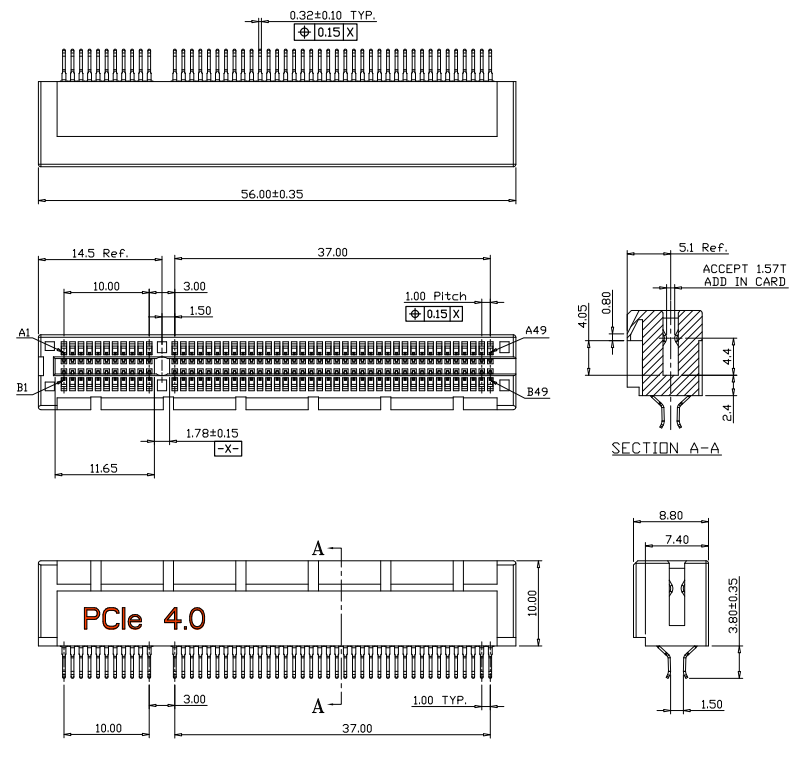 PCIe Gen 4.0 98-pin shrouded open clamp-type connector mechanical drawing showing 56.00 mm overall length, 1.0 mm pitch, and 1.57T PCB cross-section