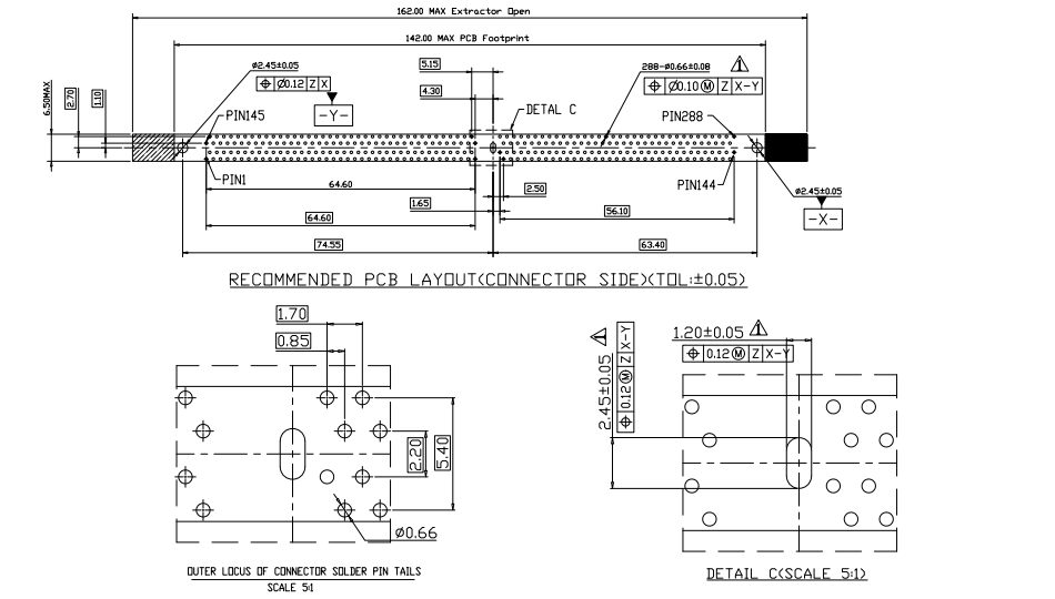 Recommended PCB layout and footprint for DDR4 288-pin DIMM socket showing solder pin tail outer locus and extractor open dimensions