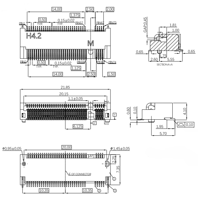 CONSHARE M.2 4.0H Gen4 M-key socket in front, plan and section views showing the 67 contact tails and hold-down pegs