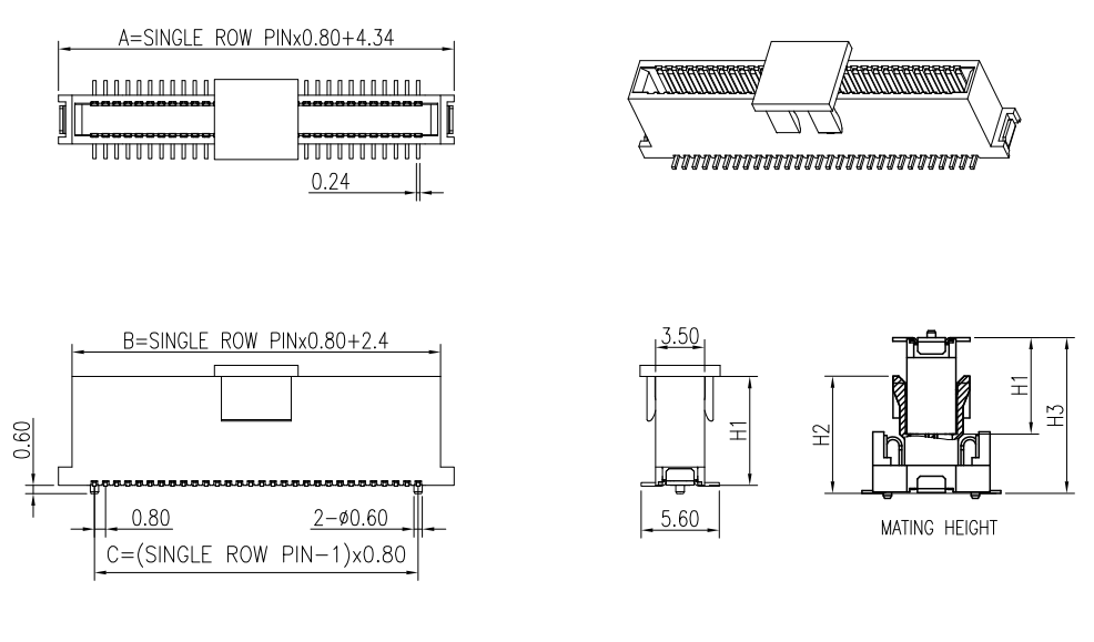 AAC8M series 0.80 mm pitch floating BTB male plug, vertical SMT, 7.80 mm plastic height, multiview drawing showing top view, isometric, side profile, and mating-height cross-section