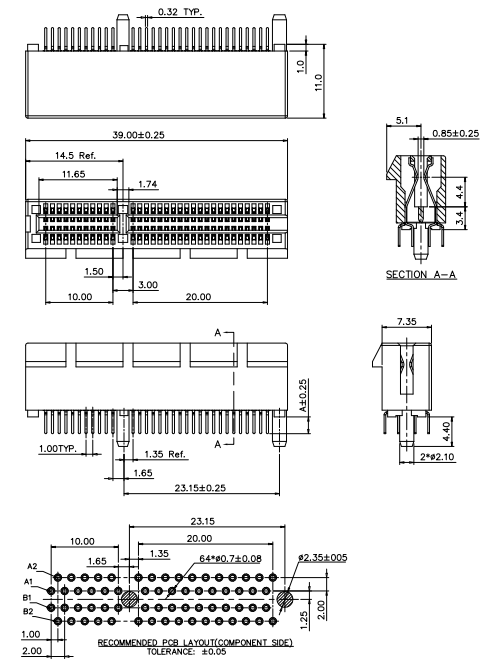 CONSHARE BR0641A21K1ER 64-pin PCIe DIP connector with open-end guide post and 3.10 mm solder tail, including recommended PCB footprint layout and mating cross-section
