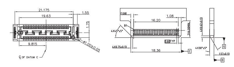 CONSHARE Gen-Z 1C 56-pin vertical connector side profile and section detail view