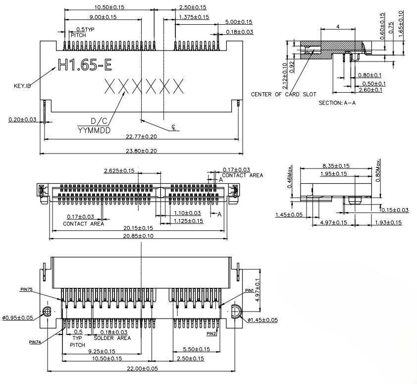 CONSHARE CUF030G67M142 M.2 E Key reversed socket mechanical drawing showing solder area, contact area, and card slot section view.