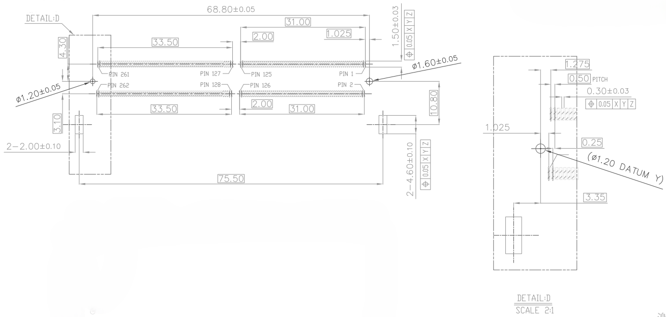Bottom view of CONSHARE DDR5 SO-DIMM 262-pin SMT connector showing mounting posts, locating pegs, and pin numbering for PCB assembly