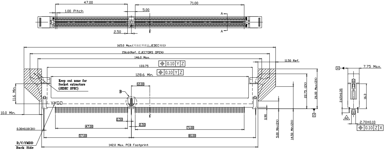 CONSHARE DDR3 240-pin DIP memory connector socket assembly drawing showing PCB footprint envelope and extractor keep-out zone