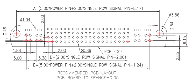 CONSHARE 5.0mm power 2.0mm signal combo connector recommended PCB layout drawing