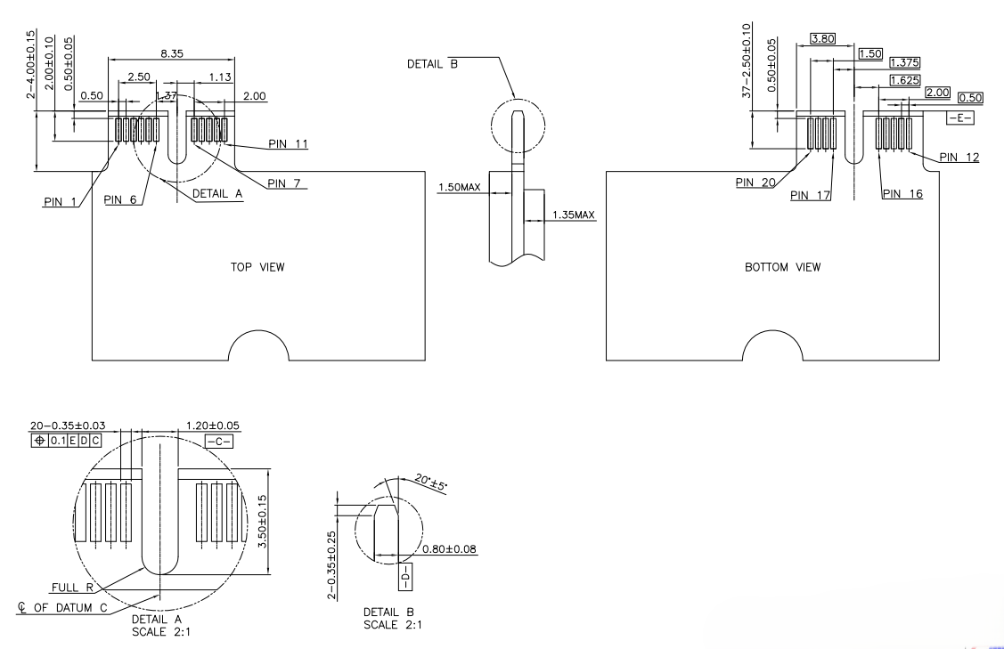 M.2 3.2H 20PIN connector PCB pad layout — top and bottom contact patterns, pin pitch 0.5mm, key notch detail at 2:1 scale by CONSHARE