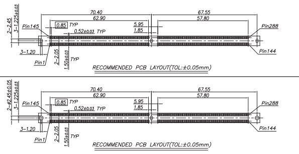 Recommended PCB layout for CONSHARE CUR028U551147 DDR5 UDIMM connector, showing 0.85mm pitch, pin 1 to pin 288 alignment, and keep-out dimensions.