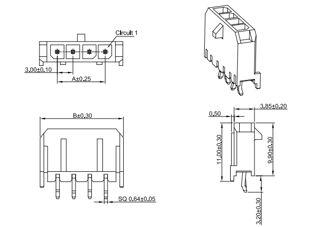 CONSHARE 3.0mm straight pin connector mechanical dimensions, 3D view and pin specifications