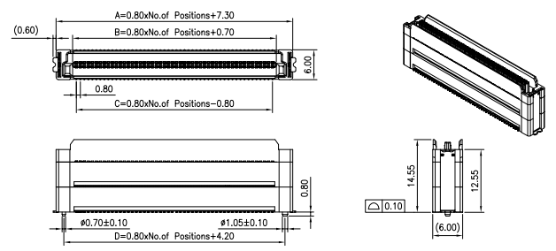 CONSHARE 0.8mm Pitch Vertical SMT Male Board-to-Board Connector 2x15 Pin Mechanical Dimensions Drawing - Top, Side, and Isometric Views