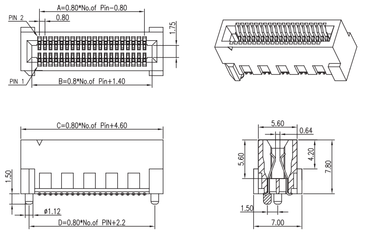 Cross-section & outline dimension engineering drawing for CONSHARE 0.8mm pitch vertical 180&deg; edge card connector, details LCP housing size, internal contact structure and C-type solder pin construction