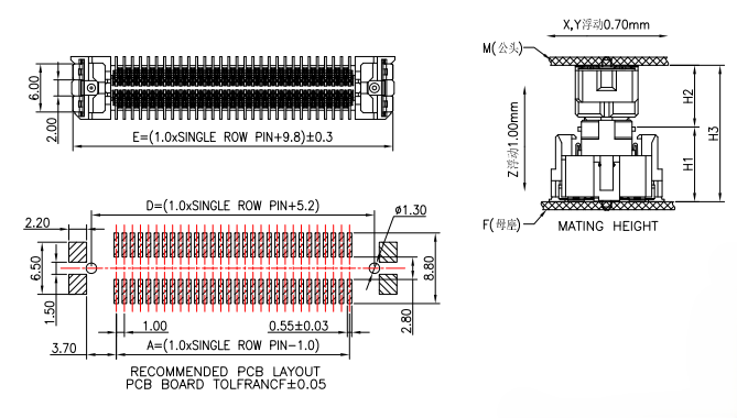 1.00mm pitch floating board-to-board connector mating diagram showing XY 0.70mm and Z 1.00mm float range